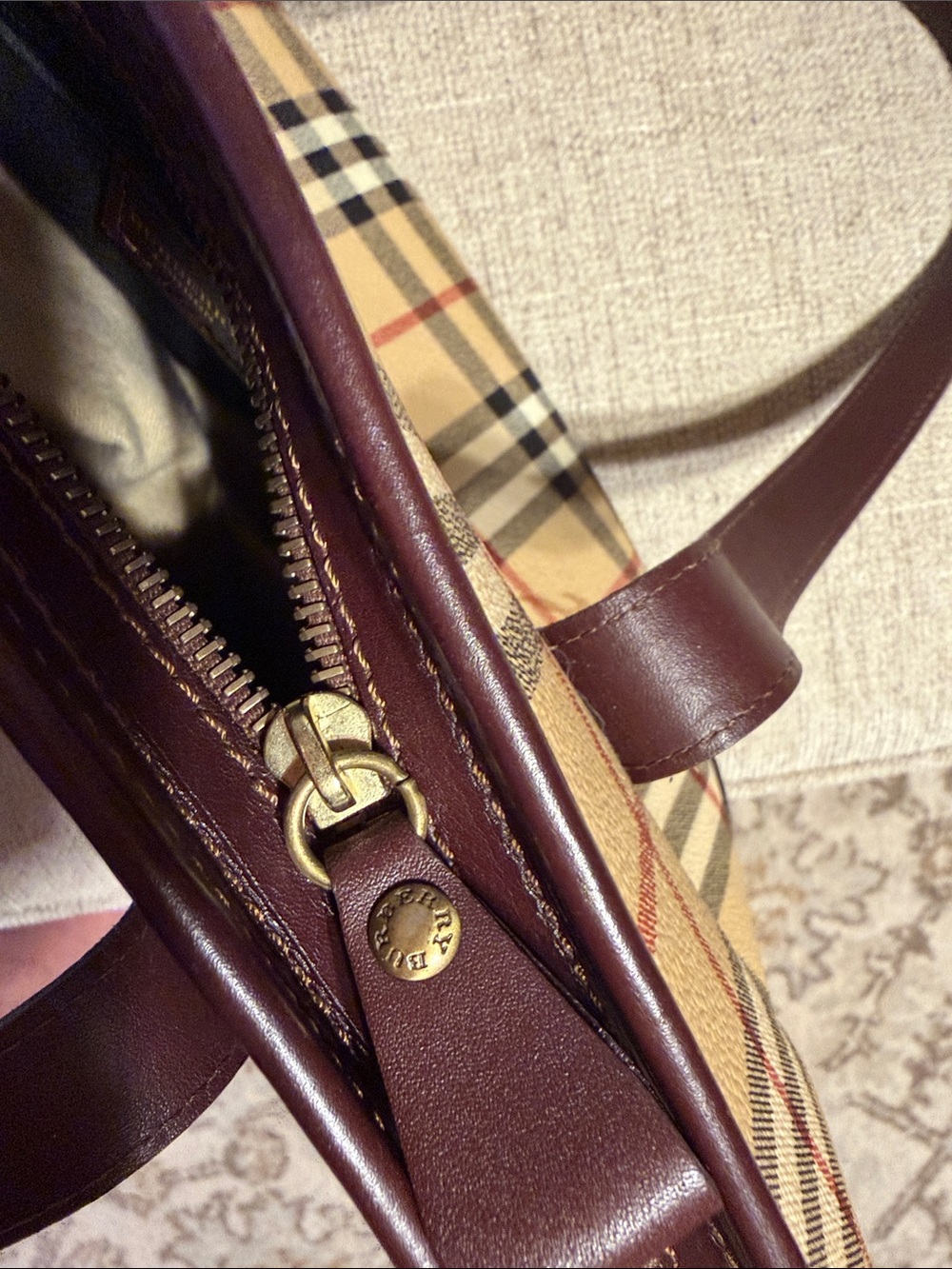 Burberry Haymarket Tan Check Canvas Tote with Brown Leather Trim - Picture 10 of 10